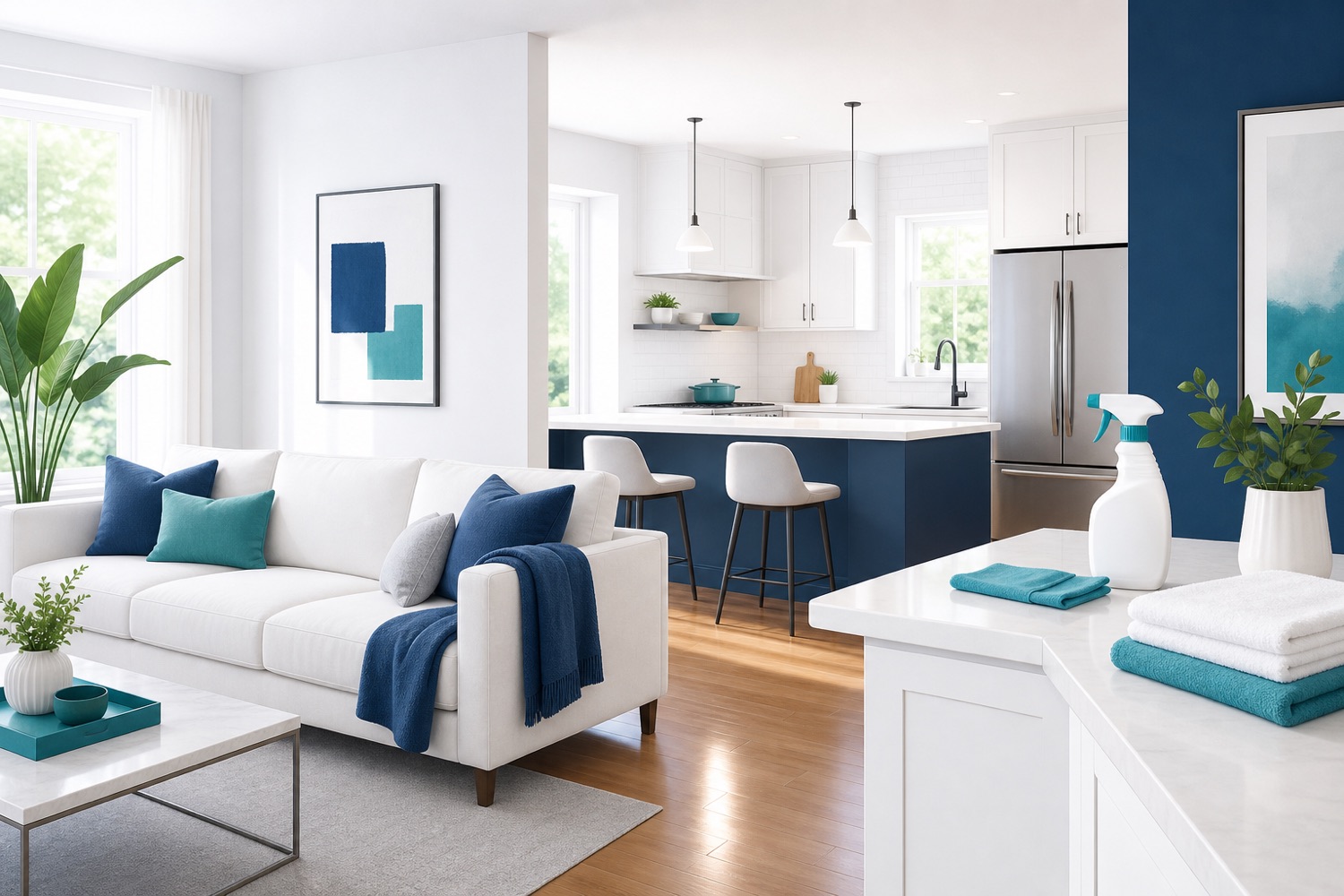 Bright, freshly cleaned living room and kitchen interior